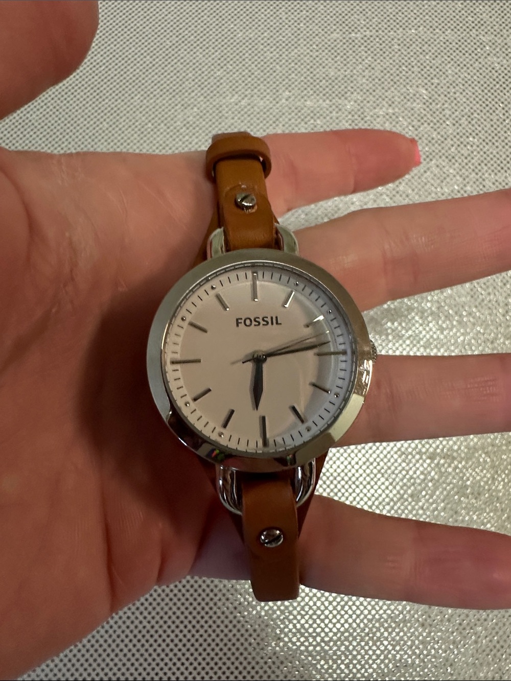 Fossil Silver-Tone Case Watch with Tan Leather Strap